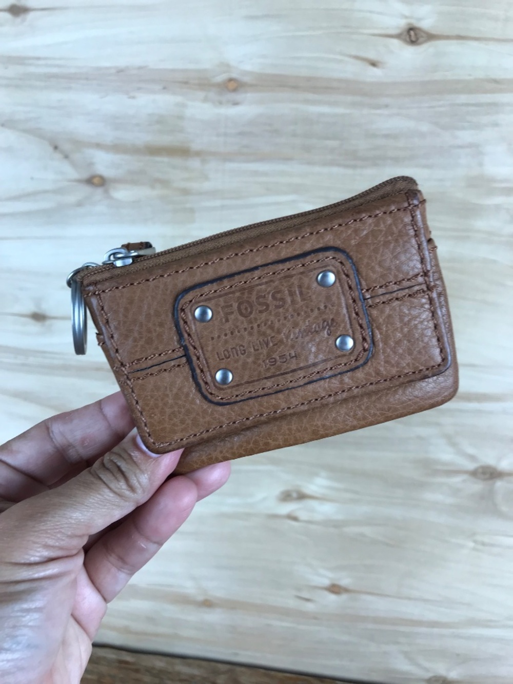Fossil Brown Leather Coin Pouch‎ Keychain ID Window Long Live Vintage